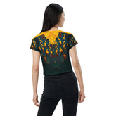 Close-up of SurArt 78 crop tee all-over print detail.